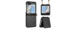 For Samsung Galaxy Z Flip3 Embossed Floral Design Case Cover with Strap - Black