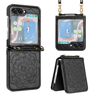 For Samsung Galaxy Z Flip3 Embossed Floral Design Case Cover with Strap - Black