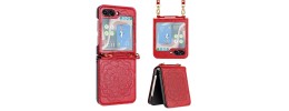 For Samsung Galaxy Z Flip3 Embossed Floral Design Case Cover with Strap - Red