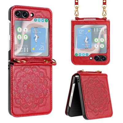 For Samsung Galaxy Z Flip3 Embossed Floral Design Case Cover with Strap - Red