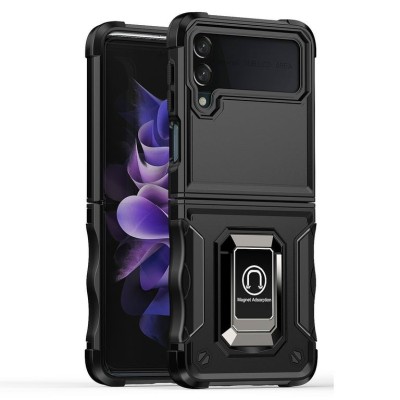 For Samsung Galaxy Z Flip3 OPTIMUM Magnetic Ring Stand Hybrid Case Cover - Silver