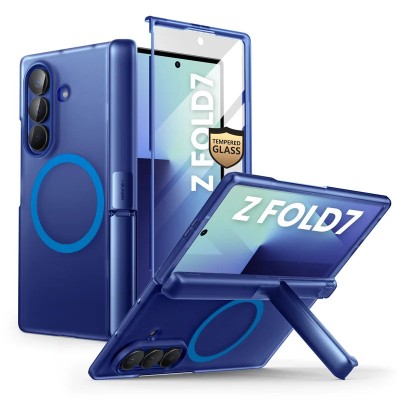 For Samsung Galaxy Z Fold 7 Unique Flip Magnetic Ring Stand Transparent Hybrid Case Cover - Clear+Blue