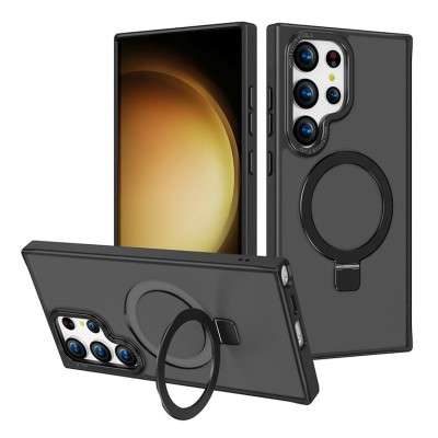 For Samsung Galaxy s24 Ultra Fearless Tough HQ Metallic Hybrid with Camera Ring Stand [Magnetic Circle] Case - Black