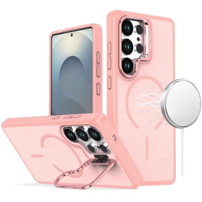 For Samsung Galaxy s24 Ultra Fearless Tough HQ Metallic Hybrid with Camera Ring Stand [Magnetic Circle] Case - Hot Pink