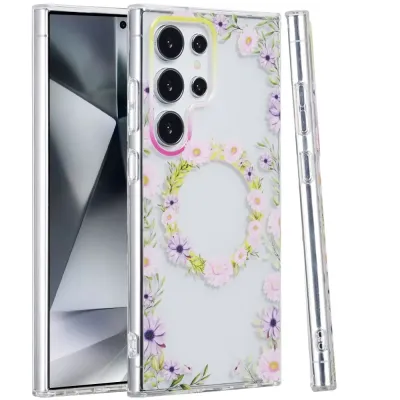 For Samsung Galaxy s24 Ultra [Magnetic Circle] Double Layer Design IMD TPU Case - Yellow/Purple Floral