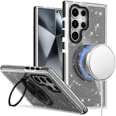 For Samsung Galaxy s24 Ultra Glitz HQ Shimmer Glitter [Magnetic Ring Circle] with 360 degree Rotational Ring Kickstand Tough Hybrid Case - Black