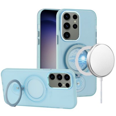 For Samsung Galaxy s24 Ultra Hoop Kickstand [Magnetic Circle] HD Transparent Chrome Hybrid - Blue