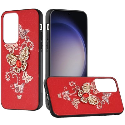 For Samsung Galaxy s24 Ultra SPLENDID Diamond Glitter Ornaments Engraving Case Cover - Garden Butterflies Red