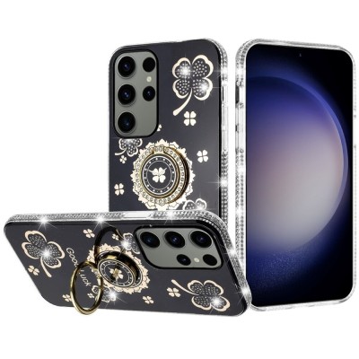 For Samsung Galaxy s24 Ultra Splendid Glitter with Diamonds All Around Edges Ring Stand Case Cover - Black