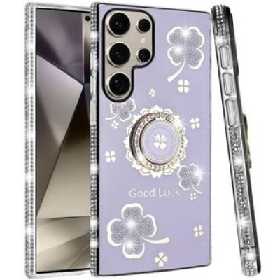 For Samsung Galaxy s24 Ultra Splendid Glitter with Diamonds All Around Edges Ring Stand Case Cover - Pink
