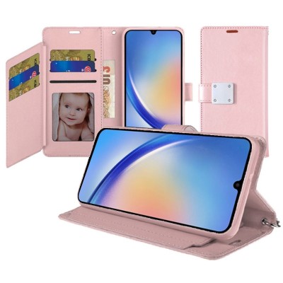 For Samsung Galaxy s24 Wallet Premium PU Vegan Leather ID Card Money Holder with Magnetic Closure - Rose Gold