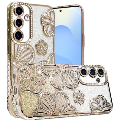 For Samsung Galaxy s25 Edge Shimmer Glitter Floral Design Thick TPU Case Cover - Gold