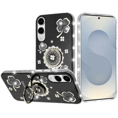 For Samsung Galaxy s25 Edge Splendid Glitter with Diamonds All Around Edges Ring Stand Case Cover - Black