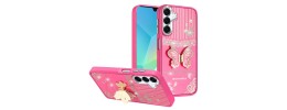 For Samsung A16 5G Splendid Glitter Butterfly Design Stand with Metallic Edges Hybrid Case - Hot Pink