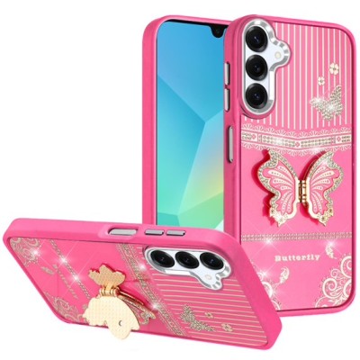 For Samsung A16 5G Splendid Glitter Butterfly Design Stand with Metallic Edges Hybrid Case - Hot Pink