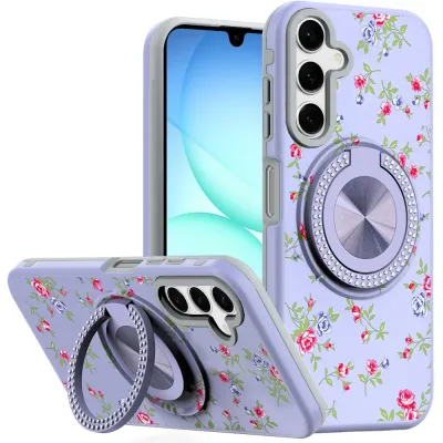 For Samsung A17 5G Metal Diamond CD Pattern Design Matte Finished Hybrid with Rotational Ring [Car Mount Friendly] Case - Lavender Floral