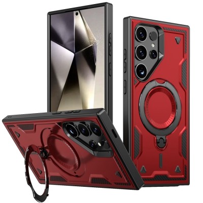 For Samsung S23 Ultra Complete Magnetic Metal Ring Stand Camera Protection Hybrid - Red