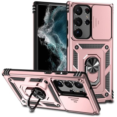 For Samsung S23 Ultra Utter Tough Metal Ring Movable Camera Window Hybrid Case Cover - Rose Gold