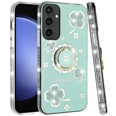 For Samsung S24 FE Splendid Glitter with Diamonds All Around Edges Ring Stand - Teal