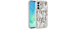 For Samsung A16 5G Lavished Floral Butterfly Bling Stones Hybrid Case - Silver