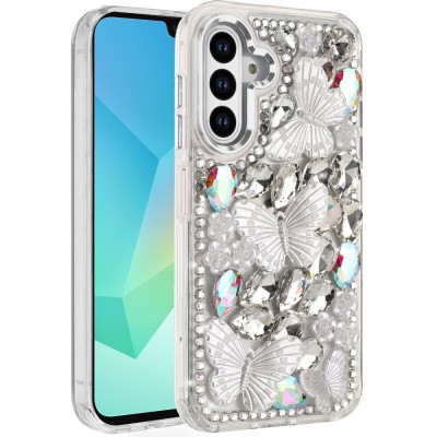 For Samsung A16 5G Lavished Floral Butterfly Bling Stones Hybrid Case - Silver