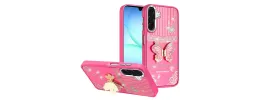 For Samsung A17 5G Splendid Glitter Butterfly Design Stand with Metallic Edges Hybrid Case - Hot Pink