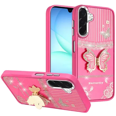 For Samsung A17 5G Splendid Glitter Butterfly Design Stand with Metallic Edges Hybrid Case - Hot Pink
