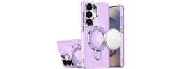For Samsung s25 Ultra Transparent Glitter Rotaional Magnetic Ring  Stand HQ Hybrid - Light Purple