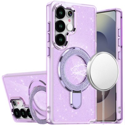 For Samsung s25 Ultra Transparent Glitter Rotaional Magnetic Ring  Stand HQ Hybrid - Light Purple