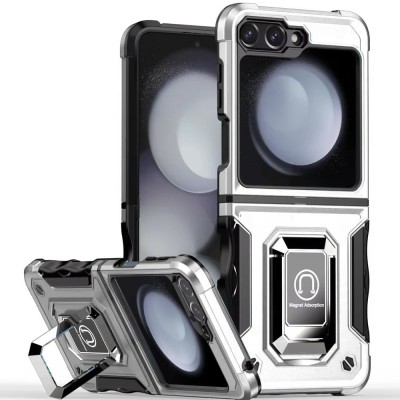 For Samsung Z Flip 6 OPTIMUM Magnetic Ring Stand Hybrid Case Cover - Silver