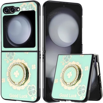 For Samsung Z Flip 6 SPLENDID Diamond Glitter Ornaments Engraving Case Cover - Good Luck Floral Teal