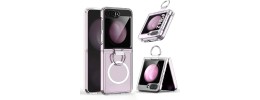 For Samsung Z Flip 6/Z Flip 7 FE Magnetic Circle Ring Transparent Premium Acrylic with Metal Buttons & Camera Raised Lip - Black