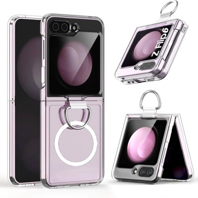 For Samsung Z Flip 6/Z Flip 7 FE Magnetic Circle Ring Transparent Premium Acrylic with Metal Buttons & Camera Raised Lip - Black