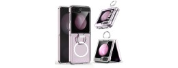 For Samsung Z Flip 6/Z Flip 7 FE Magnetic Circle Ring Transparent Premium Acrylic with Metal Buttons & Camera Raised Lip - Clear