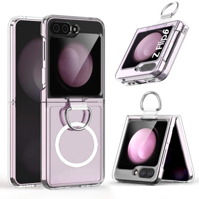 For Samsung Z Flip 6/Z Flip 7 FE Magnetic Circle Ring Transparent Premium Acrylic with Metal Buttons & Camera Raised Lip - Clear