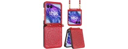 For Samsung Z Flip 7 Embossed Floral Design Case Cover with Strap - Red