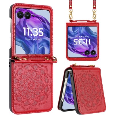 For Samsung Z Flip 7 Embossed Floral Design Case Cover with Strap - Red