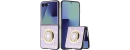 For Samsung Z Flip 7 SPLENDID Diamond Glitter Ornaments Engraving Case Cover - Good Luck Floral Purple