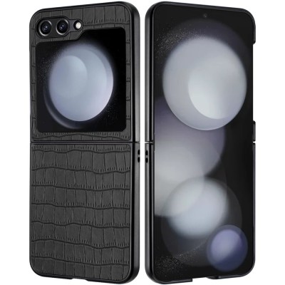 For Samsung Z Flip 7FE / Flip 6 Velvet Fabric Flip Phone Premium PU Vegan Leather Cover Case - Black