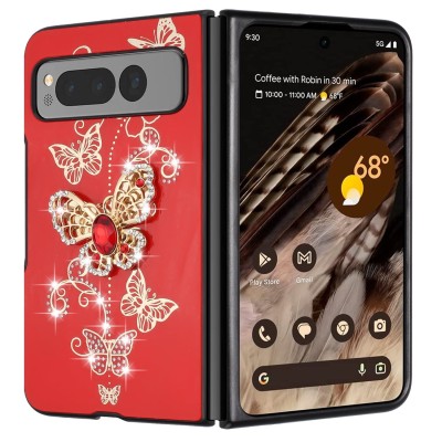 For Samsung Z Fold 6 SPLENDID Diamond Glitter Ornaments  Engraving Case Cover - Good Luck Floral Red