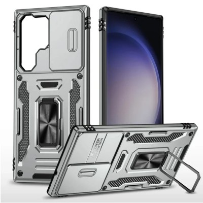 For Samsung Z Flip 6 Utter Tough Metal Ring Movable Camera Window Hybrid Case Cover - Gray