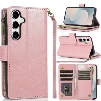 For Samsung s26 Plus Luxury Wallet Card ID Zipper Money Holder Case Cover - Rose Gold