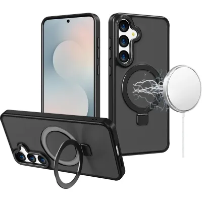 For Samsung s25 FE Metal Chrome Kickstand [Magnetic Circle] Shockproof Matching Camera Hybrid - Black