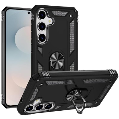 For Samsung s25 FE Robotic Hybrid with Magnetic Ring Stand Case Cover - Black