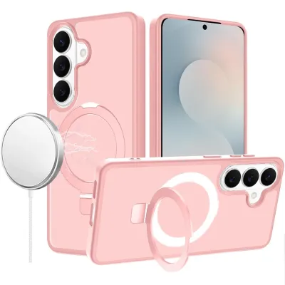 For Samsung s25 FE Magnetic Matching Ring Stand Full Rotation Matte Hybrid - Light Pink