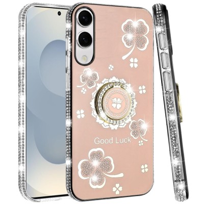 For Samsung s25 FE Splendid Glitter with Diamonds All Around  Edges Ring Stand Case Cover - Gold