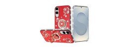For Samsung s25 FE Splendid Glitter with Diamonds All Around  Edges Ring Stand Case Cover - Red