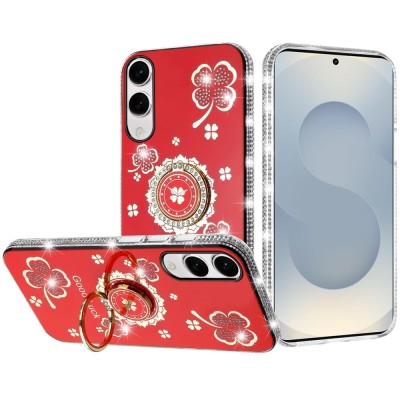 For Samsung s25 FE Splendid Glitter with Diamonds All Around  Edges Ring Stand Case Cover - Red