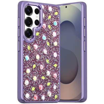 For Samsung s25 FE Stick-On Embedded Glass Diamonds of  Colorful Floral Arrangement HQ Hybrid Case - Purple