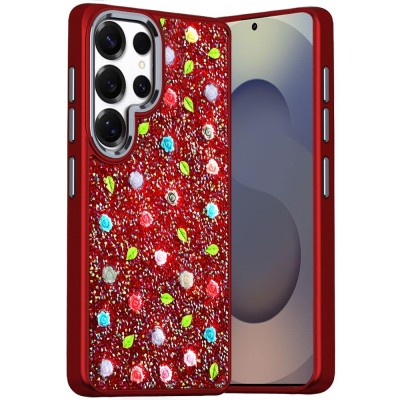For Samsung s25 FE Stick-On Embedded Glass Diamonds of  Colorful Floral Arrangement HQ Hybrid Case - Red